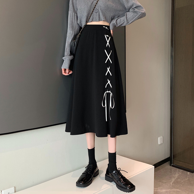 ~A-line skirt women's 2021 spring new high waist thin medium length versatile black skirt