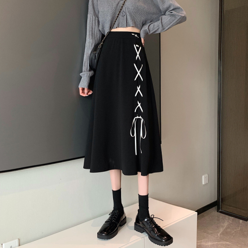 ~A-line skirt women's  spring new high waist thin medium length versatile black skirt