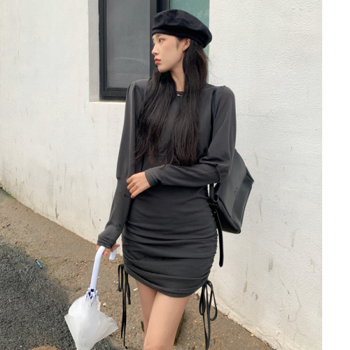Real shot autumn dress Korean version versatile slim fit Hip Wrap Skirt design pleated drawstring Long Sleeve Dress