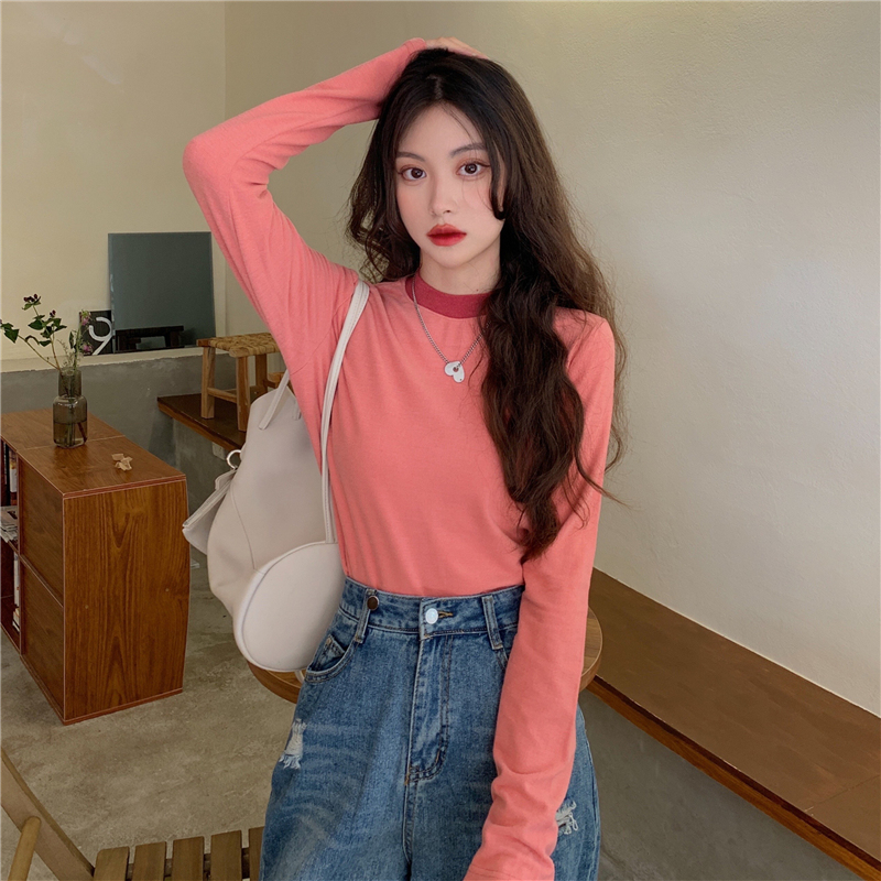 Actual shooting autumn and winter 2021 color matching frosted long sleeve T-shirt women's round neck bottomed shirt thickened
