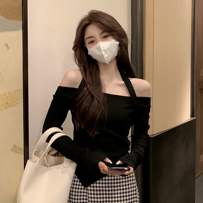 New one shoulder long sleeve T-shirt women's wear spring and autumn hot girl design sense of minority short clothes fashion