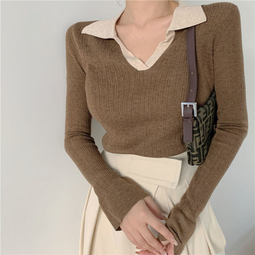 Autumn 2021 new French minority top versatile small fragrance polo collar design sense knitted sweater