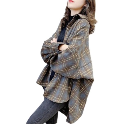2021 thickened coat autumn winter women's new woolen ground Long Sleeve T-Shirt Top loose Plaid Shirt