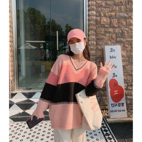 Hong Kong Style striped sweater women's thick loose outer wear  autumn winter new lazy Pullover V-Neck Sweater fashion