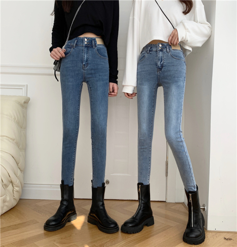 Real shot Korean spring style high and thin jeans elastic high waist two button calf jeans in fashion