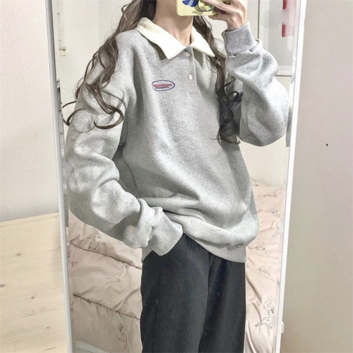 Girl cute contrast color small Lapel college collar letter Plush sweater Student Korean winter