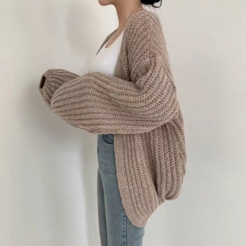 Korean chic autumn lazy style V-neck versatile loose casual Solid Color Lantern Sleeve knitted cardigan sweater coat