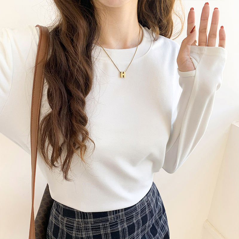 Real shot white bottomed shirt women's spring and autumn new slim fit frosted double-sided de velvet with solid color long sleeve T-shirt