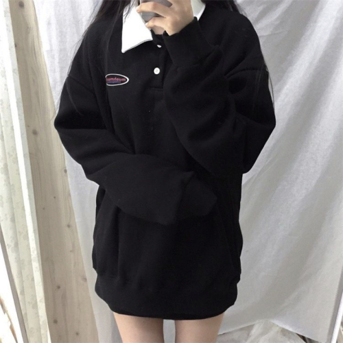 Girl cute contrast color small Lapel college collar letter Plush sweater Student Korean winter