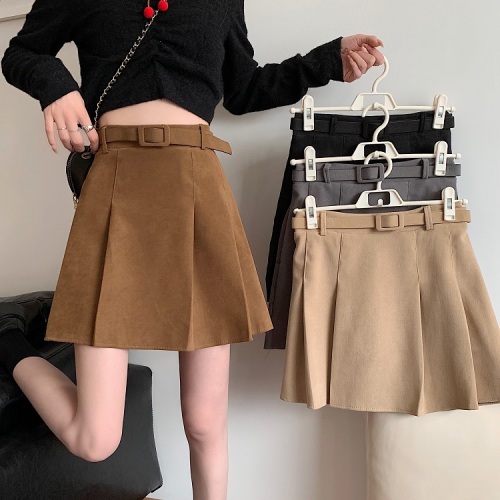 Real price Korean high waist thin pleated skirt A-shaped skirt with belt