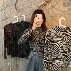 Real shot Korean super hot high collar fashion bottomed shirt women's slim zebra long sleeve casual T-shirt