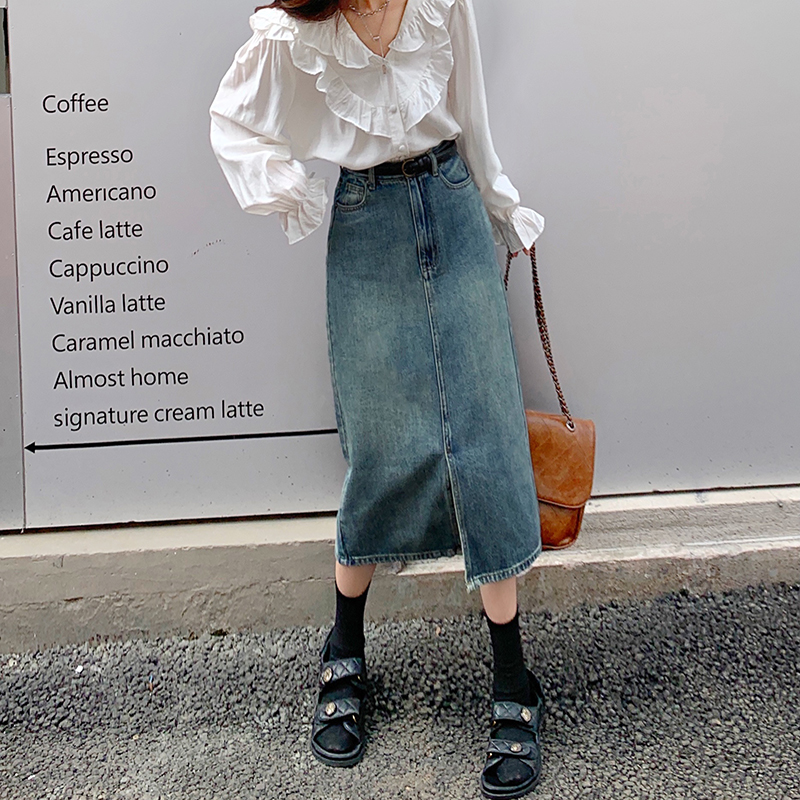 Actual price: New Retro High Waist denim skirt in autumn 2021, split A-shaped medium and long skirt