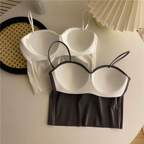 Real shooting no price reduction sexy thin shoulder strap solid color breast support peach cup traceless bra vest with suspender