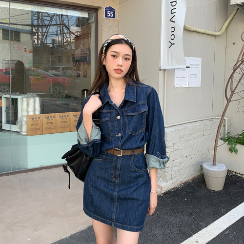 Real shooting and real price autumn new fashion collar blue denim lined dress temperament closed waist one-piece skirt