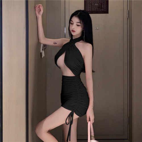 Real shooting sleeveless sexy backless European and American nightclub chest revealing tight slim fit Hip Wrap short skirt drawstring dress women