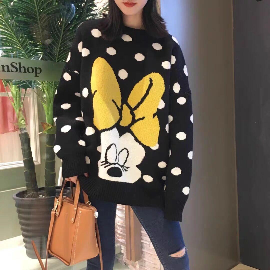 Wave point Mickey sweater women's medium length loose thickened lazy winter new Korean Pullover Jacket fashion
