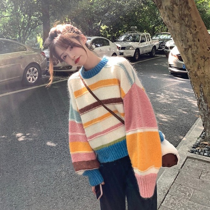 Haima hairy rainbow stripe sweater women's early autumn new Korean loose lazy wind Pullover Knitted Top
