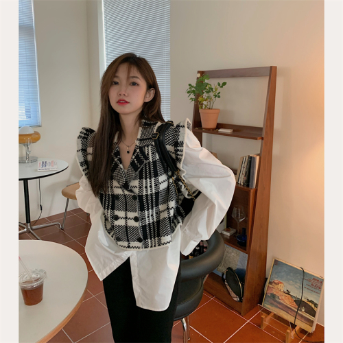 Real price small fragrance suit collar Plaid fungus edge fake two knitted cardigan stitched Shirt Top