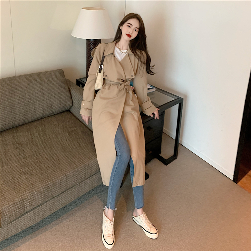 Real price! Foreign chic medium length windbreaker fashion strap waist closing long sleeve coat