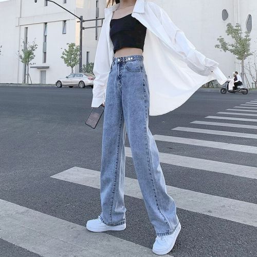 Fashion jeans women's 2021 new spring high waist straight tube loose drop feeling thin, mopping the floor and wearing wide leg pants