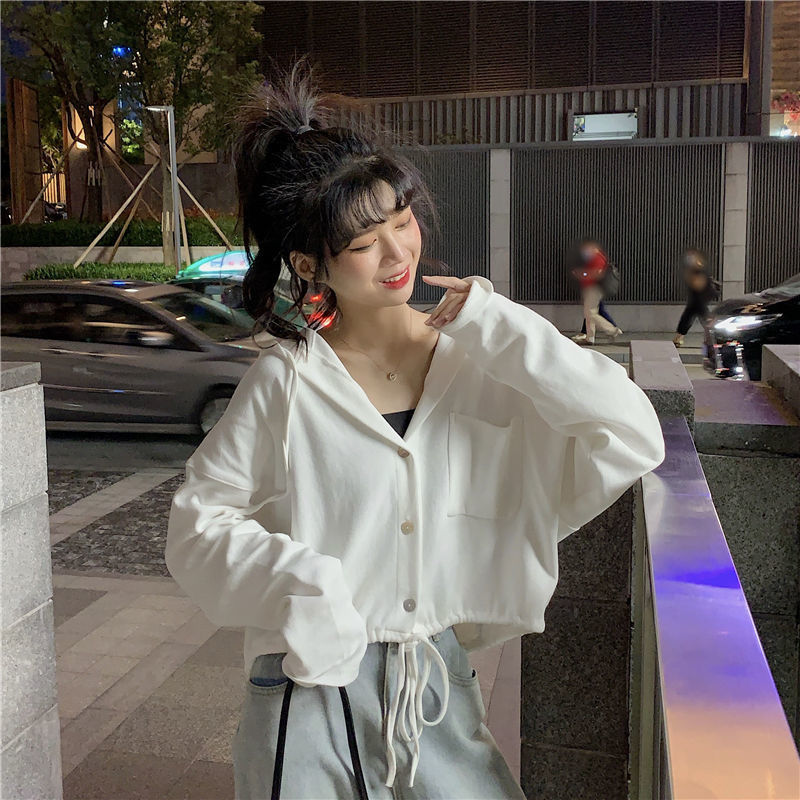Autumn Korean version new lazy wind hooded drawstring short thin long sleeve T-shirt women's sweater fashion