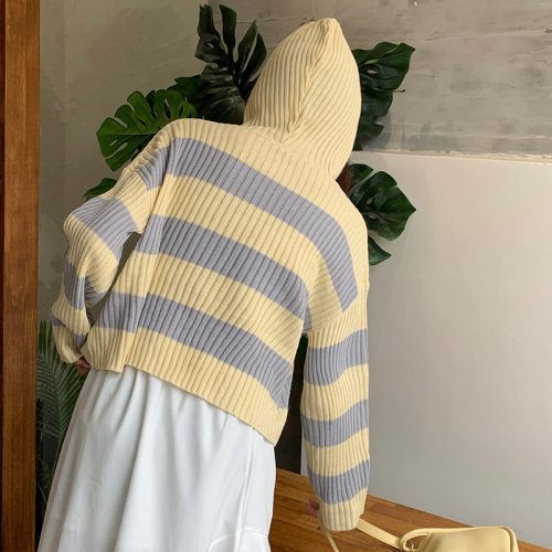 Real shot hooded sweater sweater women's gentle wind short neck thin intermediate color striped sweater