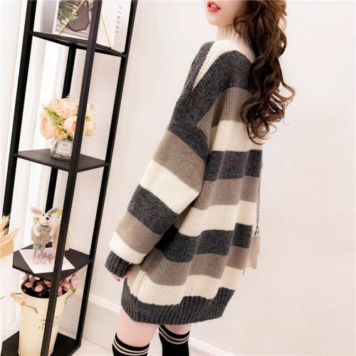 Thickened half high neck sweater women's set new stripe loose lazy super fire top in autumn and winter
