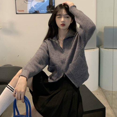 Real shooting Korean drama female main autumn and winter jacket double zipper design sense sweater cardigan jacket female