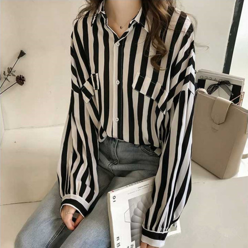 Early autumn women's new  Hong Kong Style loose large BF Stripe Shirt women's long sleeve top thin coat