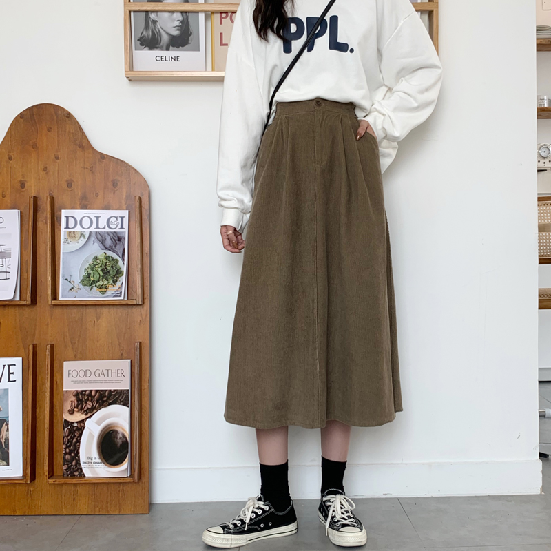 Real price corduroy medium and long casual semi elastic waist tooling skirt high waist skirt