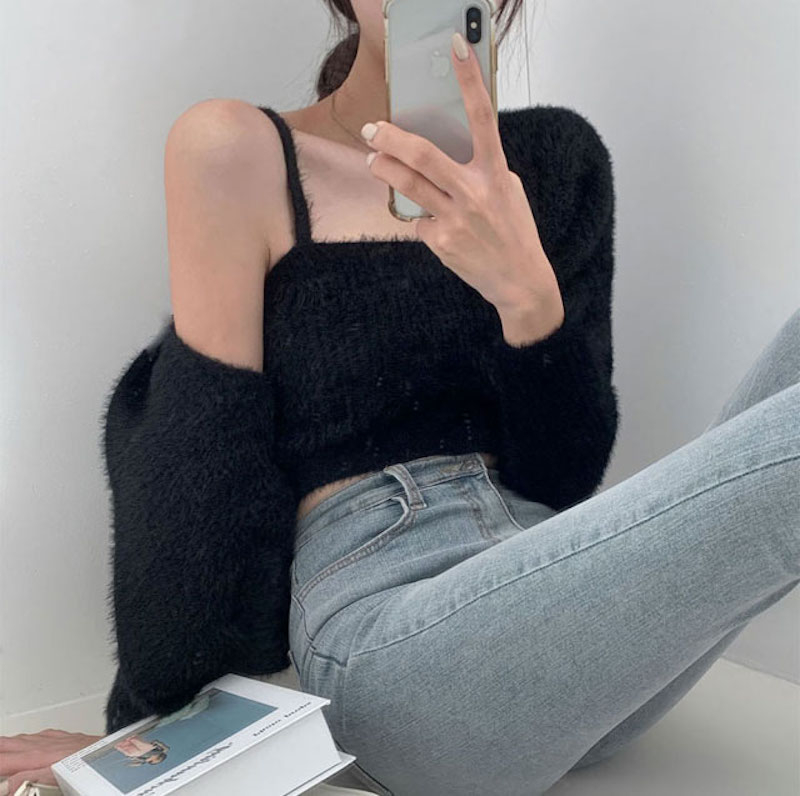 Real price autumn sweater knitted cardigan coat short Strapless vest two piece suit female