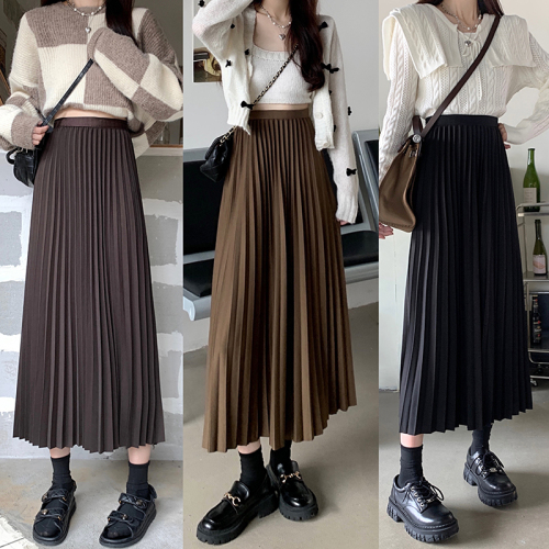 Real shooting real price 2021 autumn new Korean slim high waist skirt air pleated A-shaped long skirt