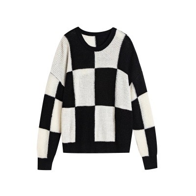 Ann wine month early autumn new chessboard check round neck sweater women's loose outer wear design sense minority lazy style sweater