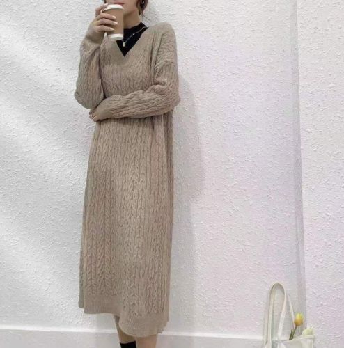 Korean loose lazy wind thickened warm collar in autumn and winter with knitted wool over the knee dress women's sweater