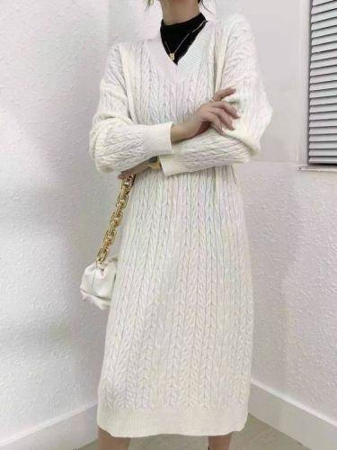 Korean loose lazy wind thickened warm collar in autumn and winter with knitted wool over the knee dress women's sweater