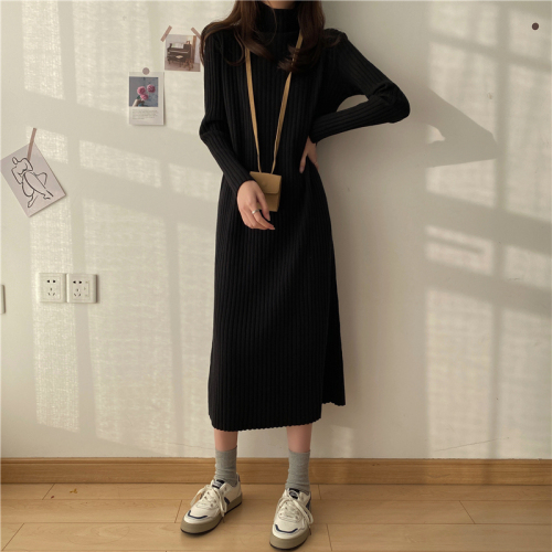 Real price ~ autumn and winter new thickened medium length sweater skirt half high neck knitted dress women's 8 colors