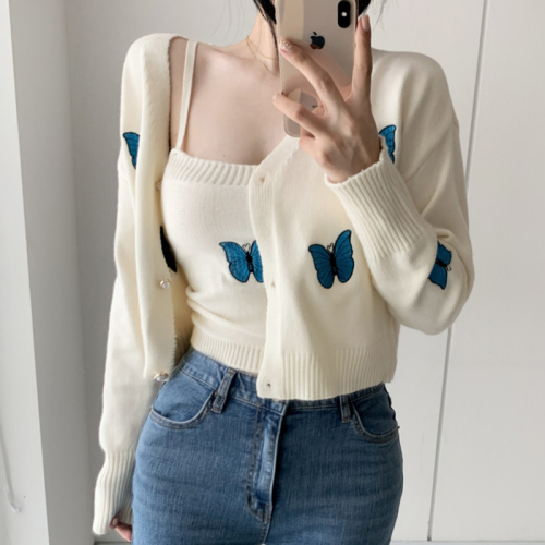 Korean autumn French slim fit with suspender vest embroidered butterfly knitted sweater two piece female set