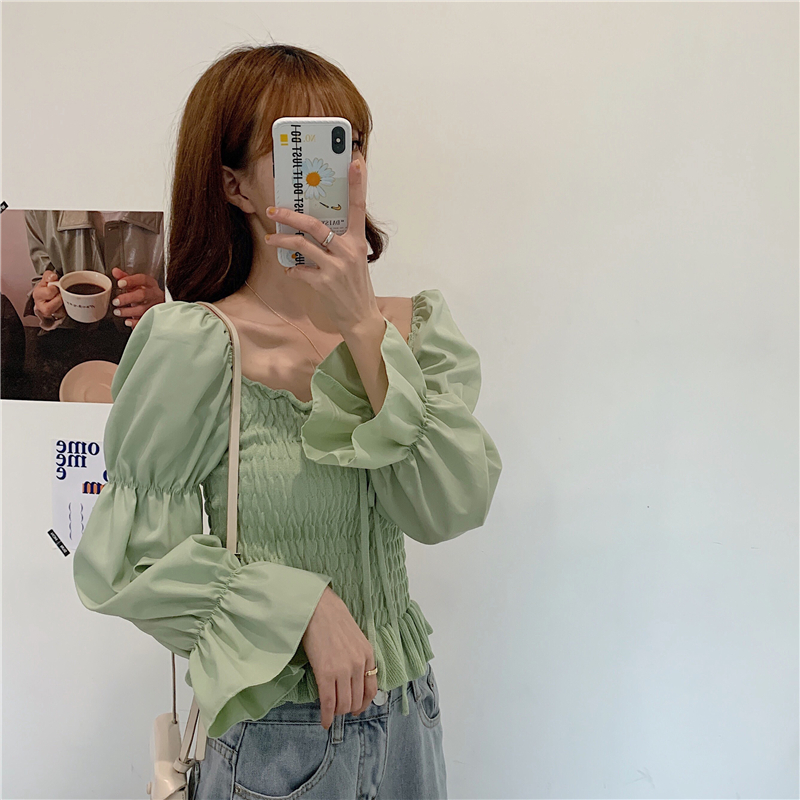 Real shooting and real price new Korean version knitted stitched Chiffon bubble sleeve French retro women's top