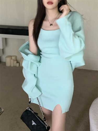Real price ~ hanging neck suspender dress for women pure desire to slim down, beautiful back, split A-shaped short skirt, long sleeve blouse set