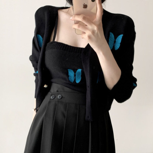 Korean autumn French slim fit with suspender vest embroidered butterfly knitted sweater two piece female set