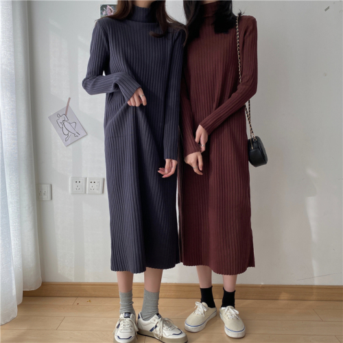 Real price ~ autumn and winter new thickened medium length sweater skirt half high neck knitted dress women's 8 colors