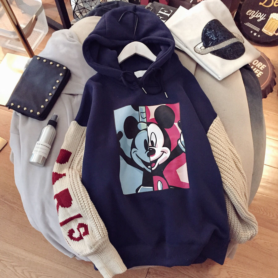Plush thickened Mickey loose hooded stitched wool sleeve sweater women's large coat fashion