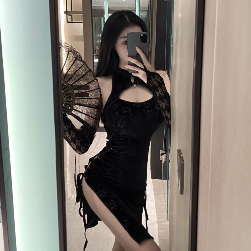 Actual shooting of Diablo sexy nightclub split cut out bandage Lace Gloves Hip Wrap slim dress cheongsam woman