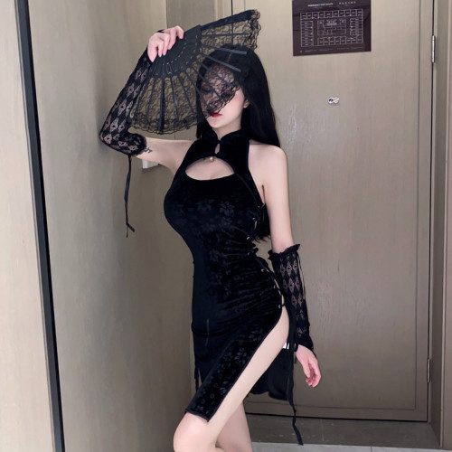 Actual shooting of Diablo sexy nightclub split cut out bandage Lace Gloves Hip Wrap slim dress cheongsam woman