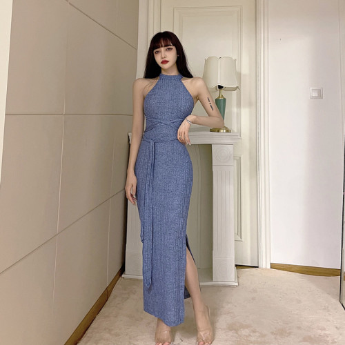 Real shot ~ European and American split sexy sleeveless bandage tight slim dress new backless women's dress