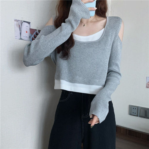 Short upper clothes 2021 new early spring and autumn women's design sense slim knit fake two chic Hong Kong taste thin