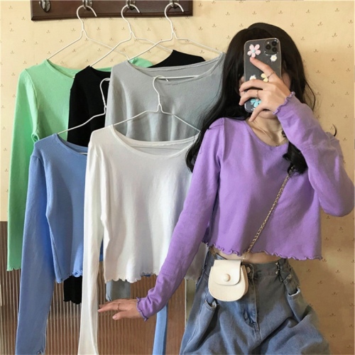 Spring and autumn versatile T-shirt women's spring and autumn high waist long sleeve bottomed shirt tide exposed navel loose top