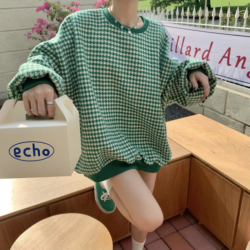 Real price thousand bird grid wool round neck coat medium long loose and thin sweater top