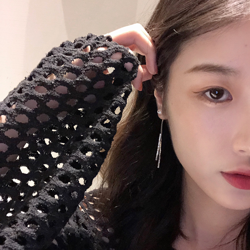Real shot silver needle Tassel Earrings feminine long earrings net red pearl earrings female