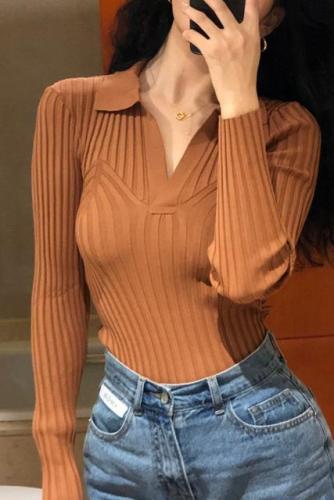 Early autumn top polo collar bottoming shirt V collar sweater  new women's spring and autumn sweater design sense is small